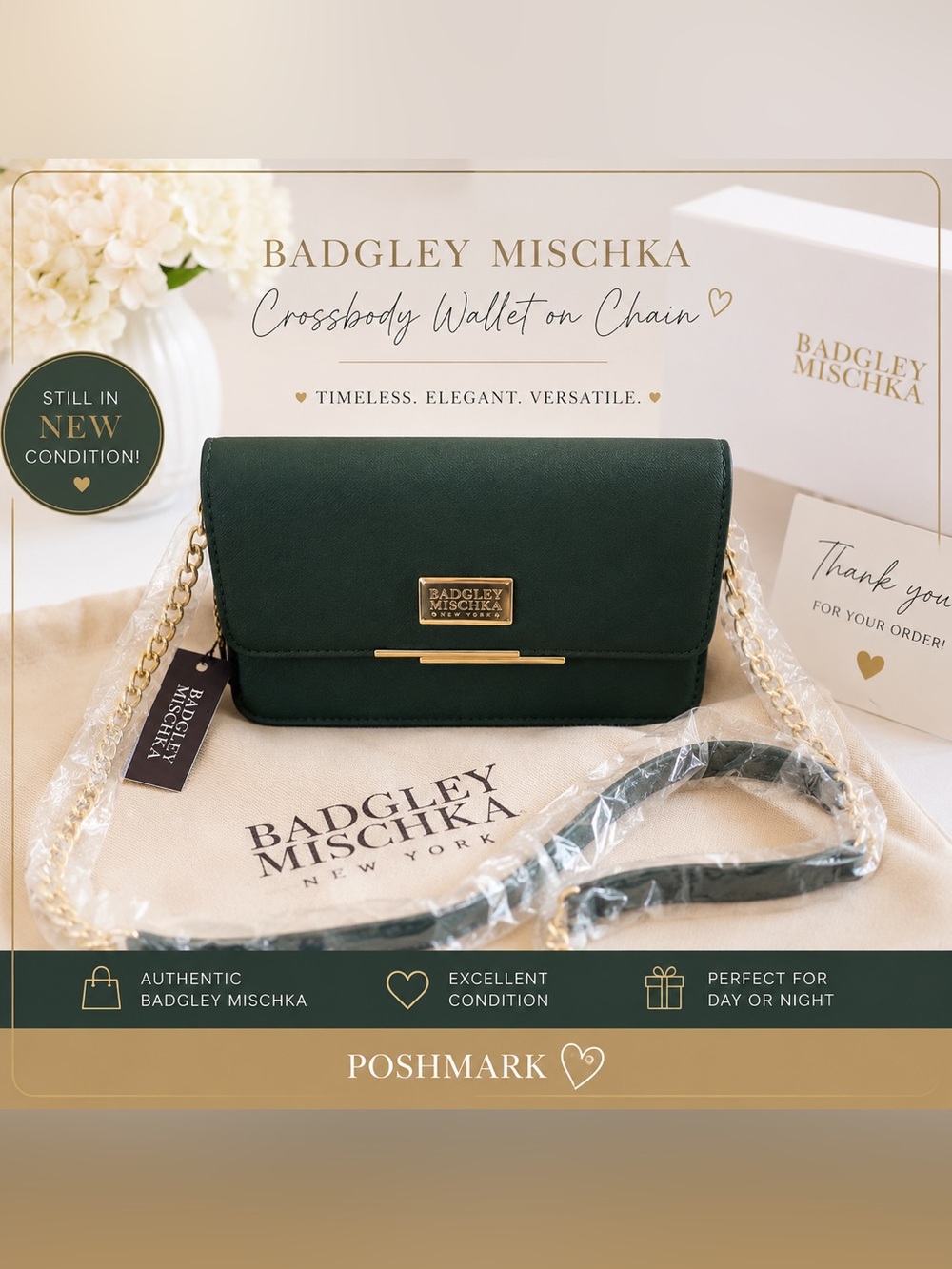 Badgley Mischka Deep Green Crossbody Wallet with Gold I Chain - Picture 2 of 8